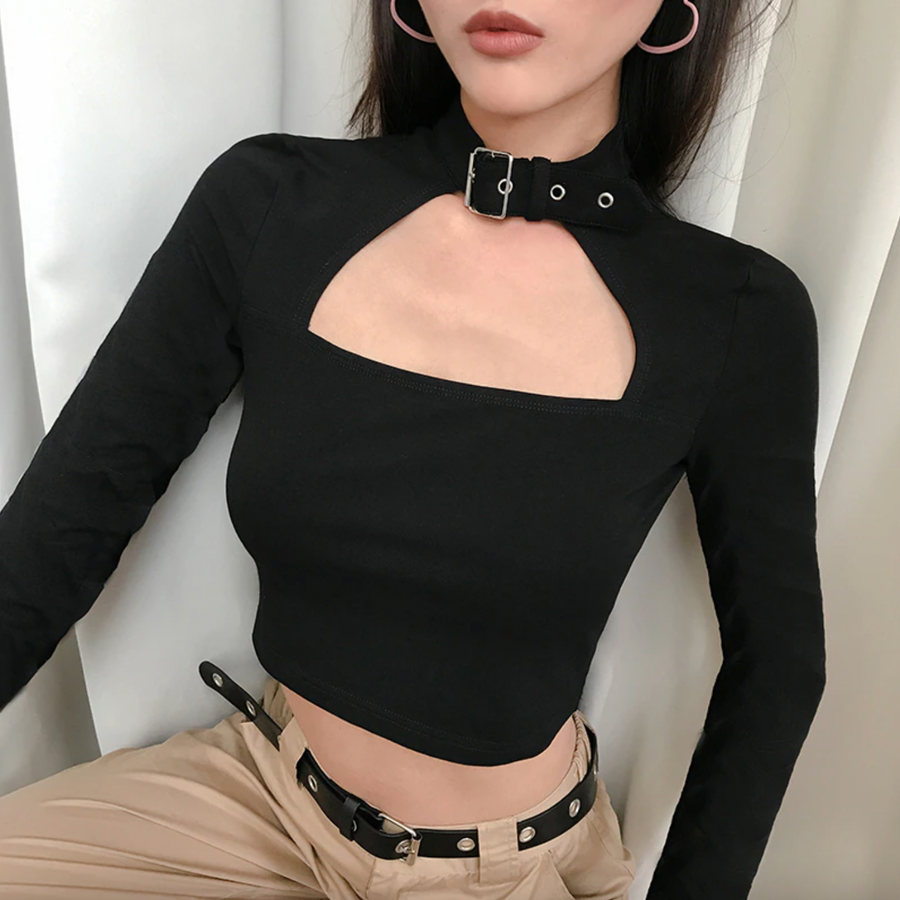 Choosey Lover Crop Top with Belt Collar (Long Sleeve)