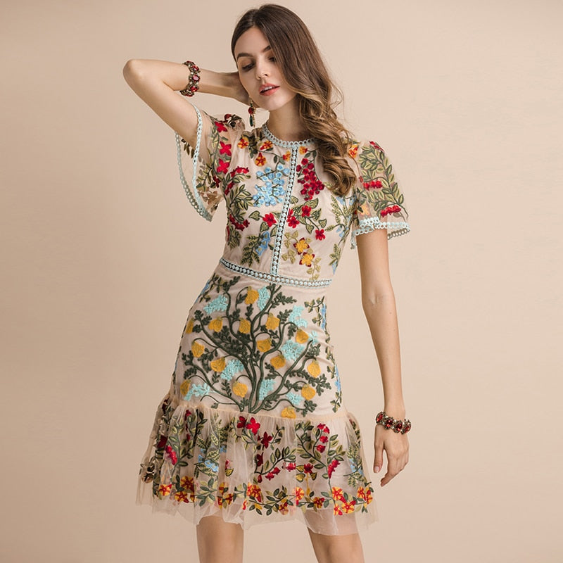 Summer of Love Flare Sleeve Floral Embroidery Mesh Mini Dress