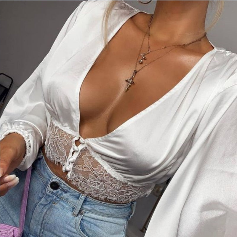 Laced with Love Long Sleeve Cropped Blouse
