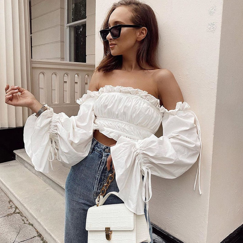 Happiness Over Everything Off Shoulder Long Sleeve Ruffle Top