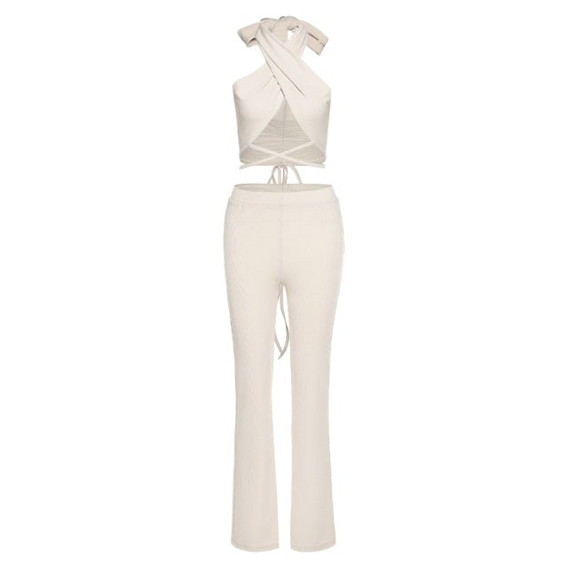 Sky's the Limit Halter Wrap Top and Flare Pants Matching Set