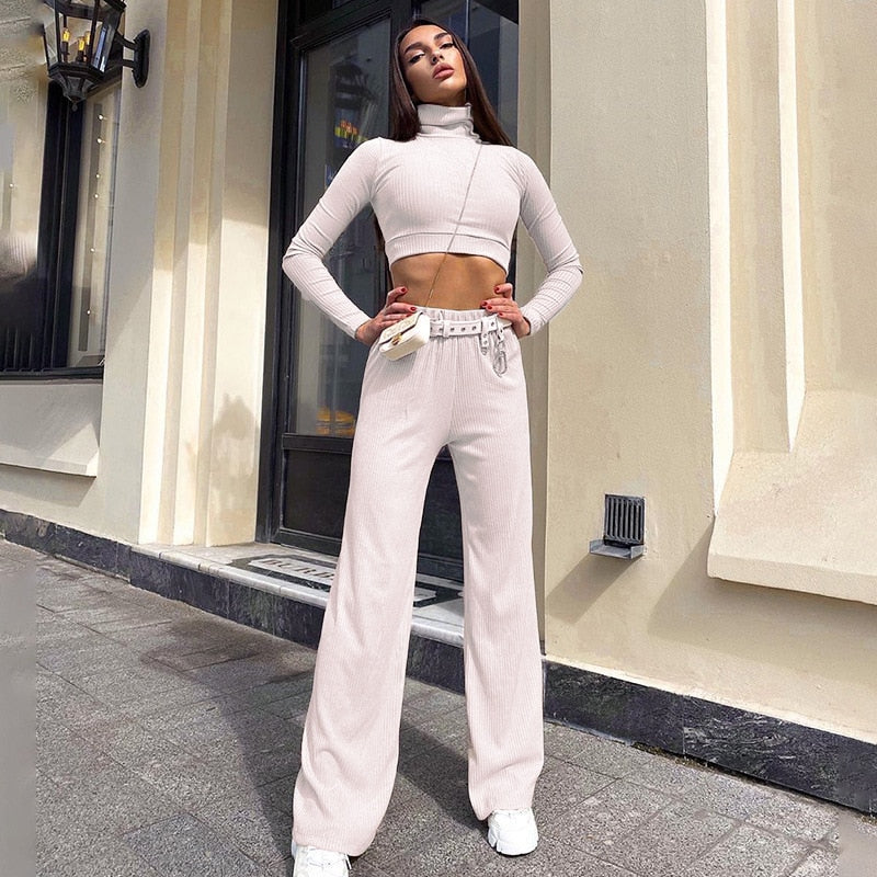 Get Me Home Wide Leg Matching Turtleneck Crop Top and Pants